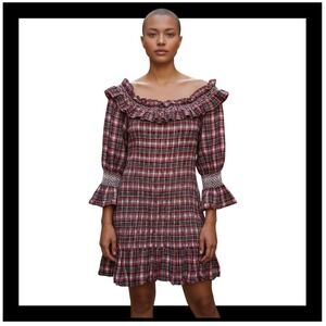 Anthropologie Pilcro Smocked Plaid Mini Dress L Off‎ Shoulder Cotton Festive Red